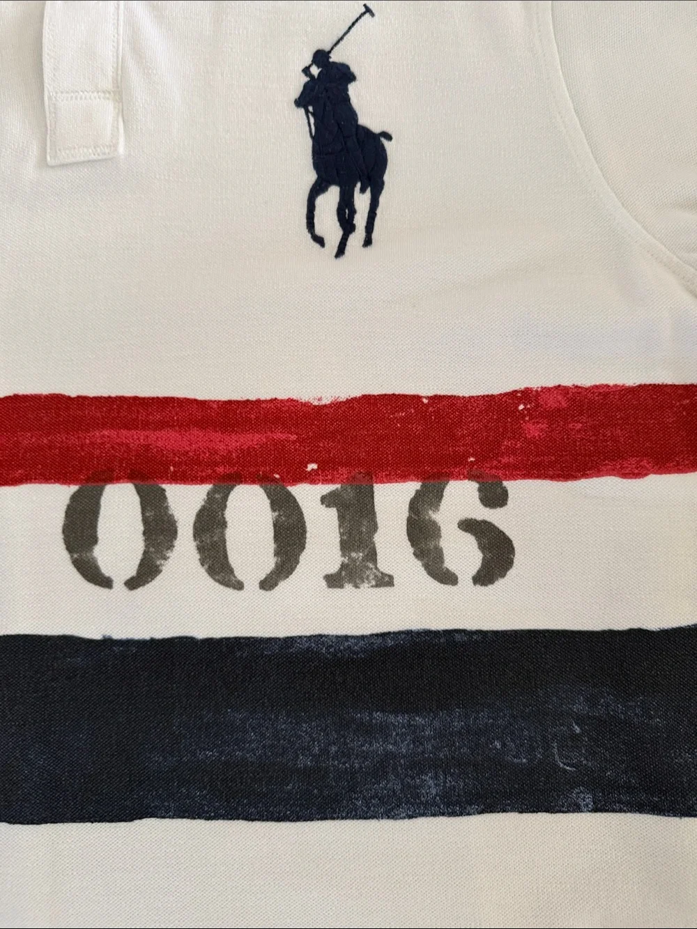 Ralph Lauren White Polo with Red and Navy Stripes and Embroidered Pony
